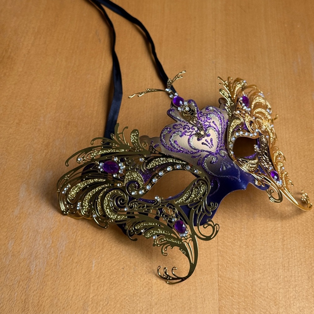 Ornate Gold and Purple Venetian Face Mask with Rhinestones